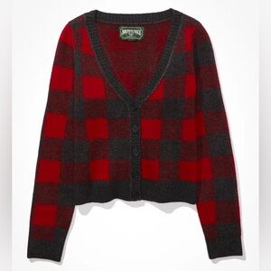 American Eagle Red & Grey Plaid V-Plunge Open Front Cropped Cardigan